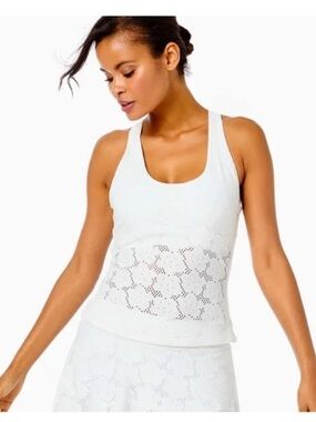 Lilly Pulitzer Luxletic Asana Bra Tank in White Floral Stretch Eyelet Jacquard